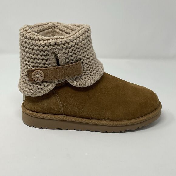 UGG Darrah Girls Sweater Knit Chestnut Suede Sheepskin Foldover Button 5 Kids - Picture 4 of 16